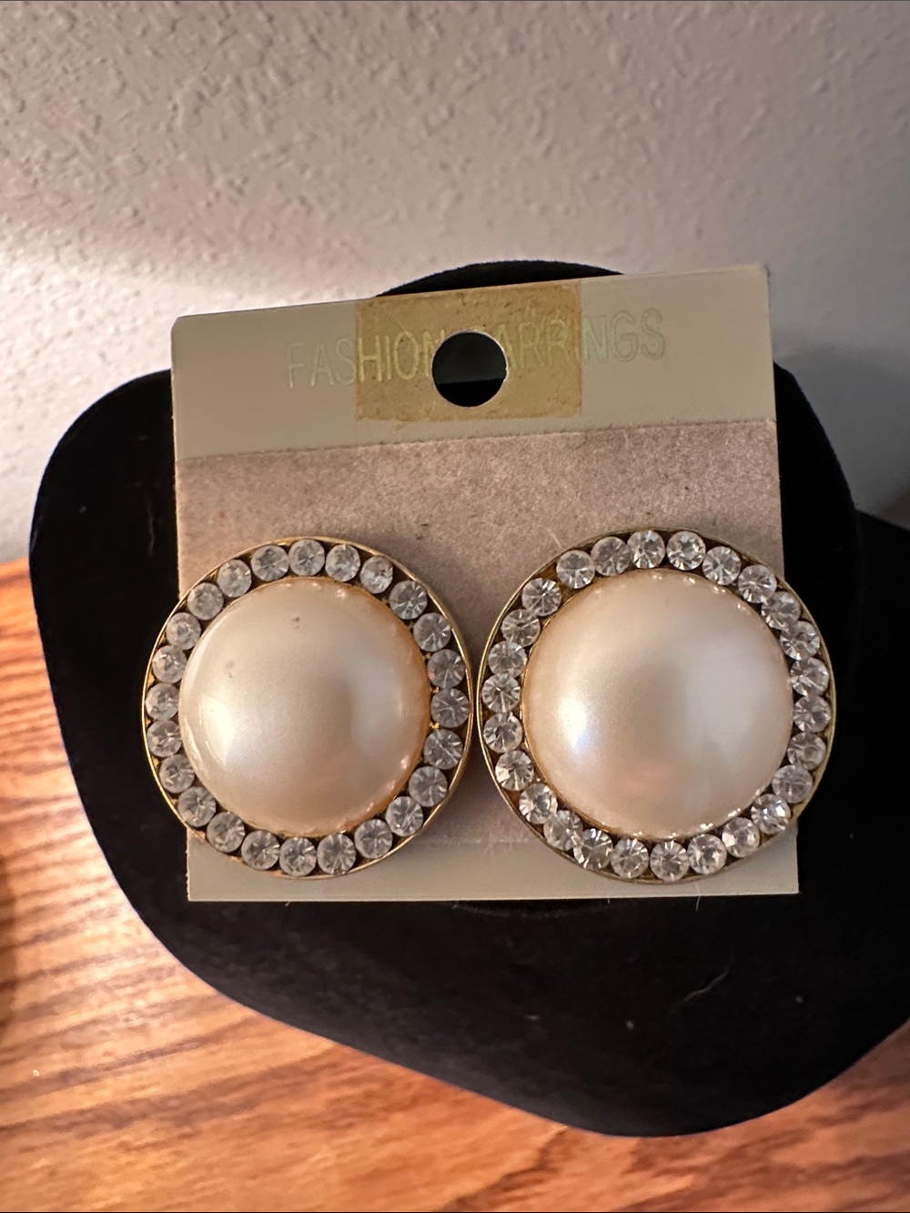 Fashion Pearl-Style Gold Clip Earrings with Clear Crystals - Cream